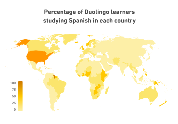 Porcentaje de usuarios de Duolingo que estudian español en cada país