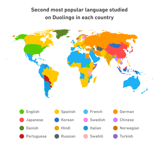 Segundo idioma más estudiado en Duolingo en cada país