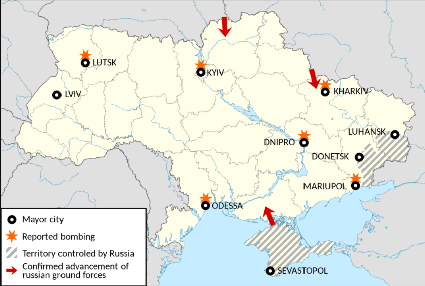 Mapa de los bombardeos iniciales de Rusia en Ucrania